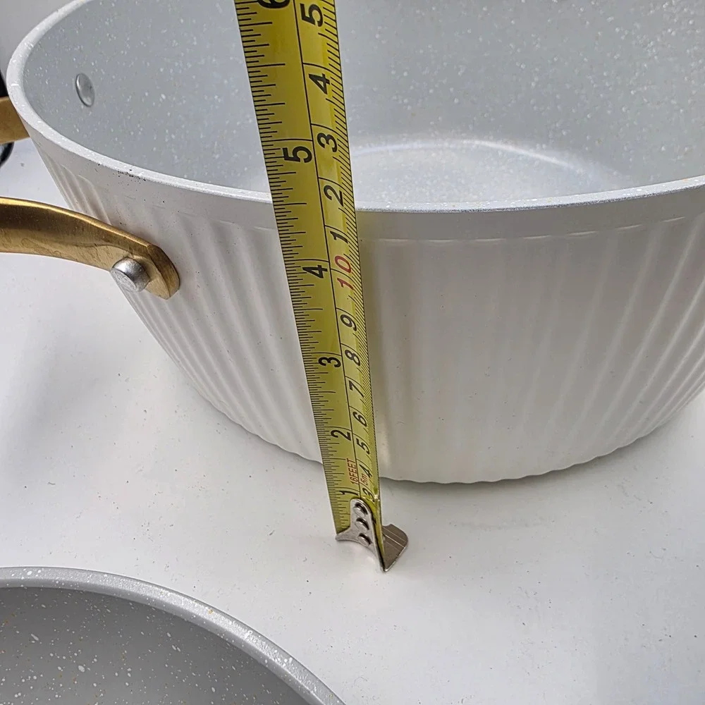 Thyme & Table 6 Piece Cookware Set Cream White Gold Handles Non-Stick Ribbed L3